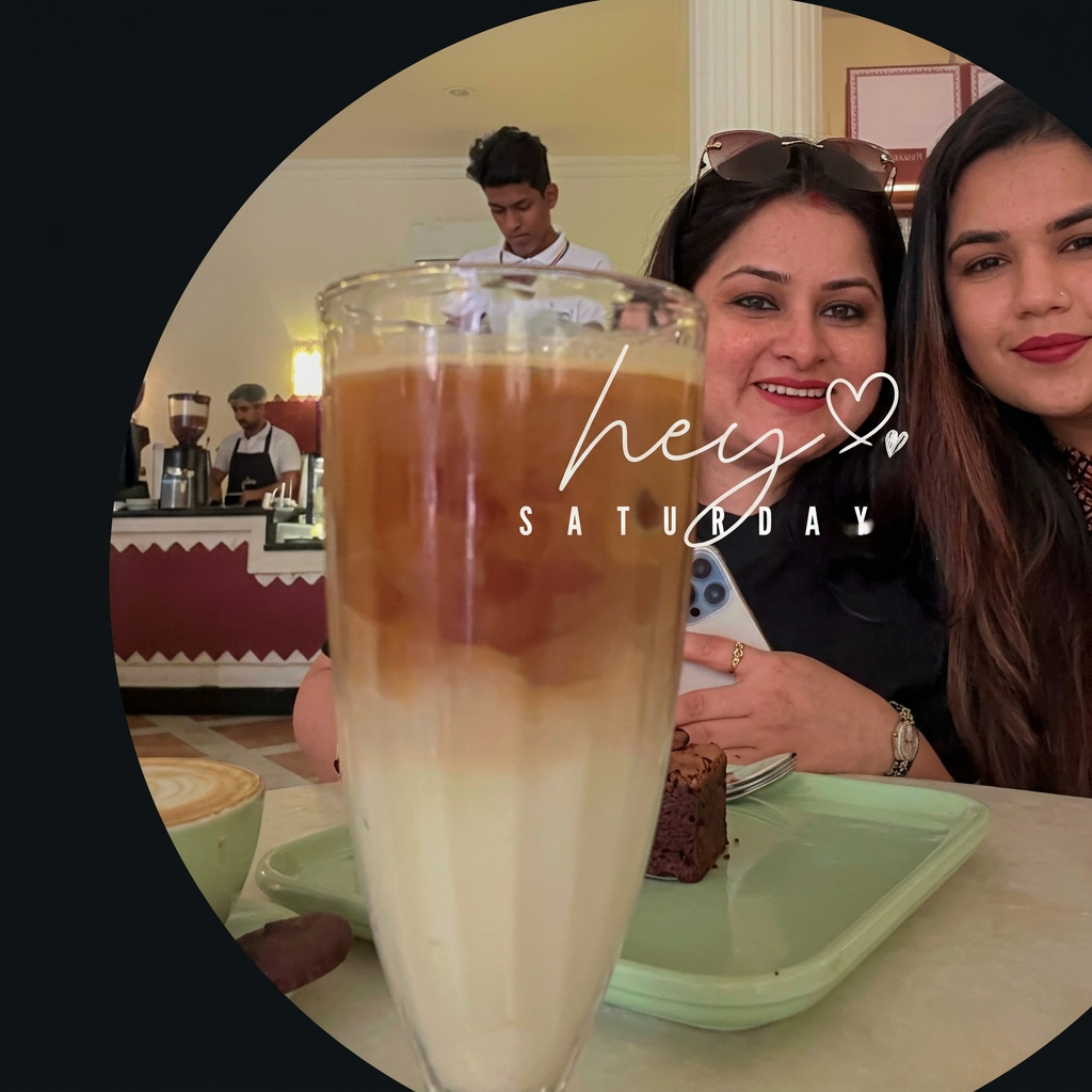 Radhika and Drishti at a cafe table behind a tall layered iced coffee